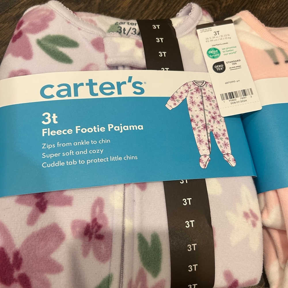 *BRAND NEW* Carter's 3T Fleece Footie Pajamas - Pink & Lavender Floral Set - Picture 2 of 3